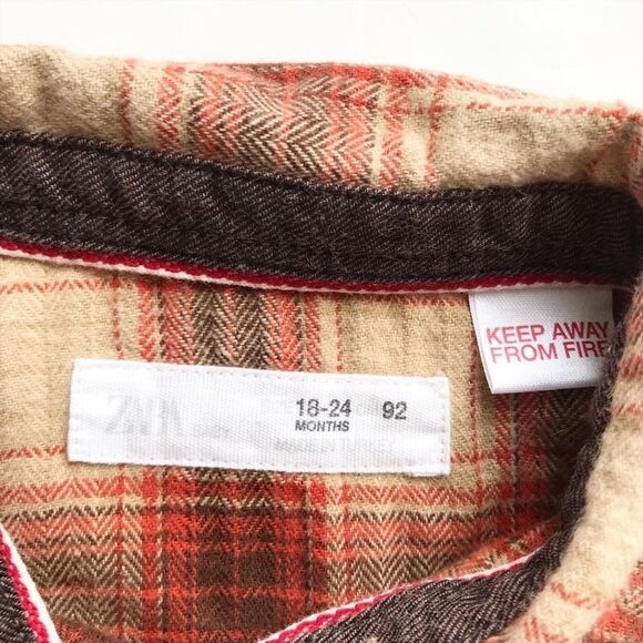 Zara orange/tan plaid button down flannel top EUC 18-24 months - Picture 4 of 5